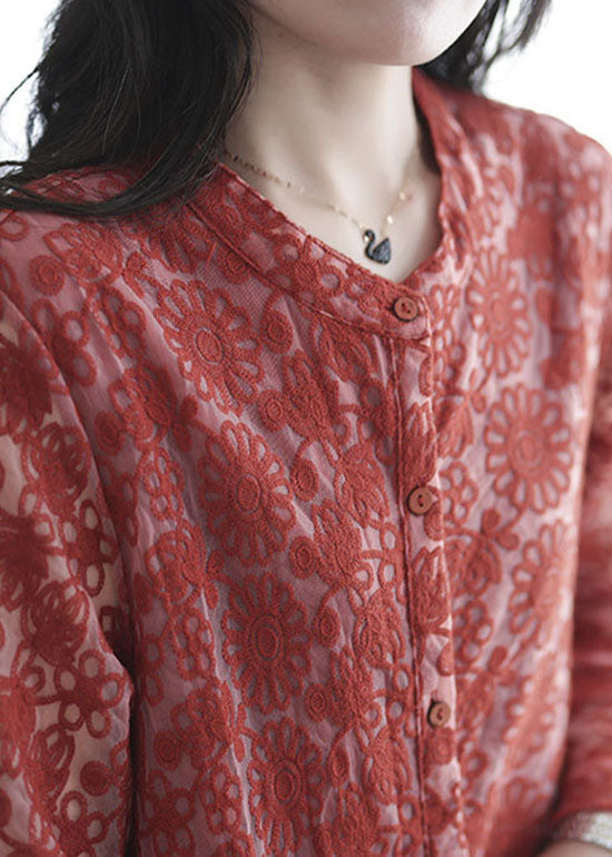Organic Red O-neck Embroidered Lace Shirt Tops Spring