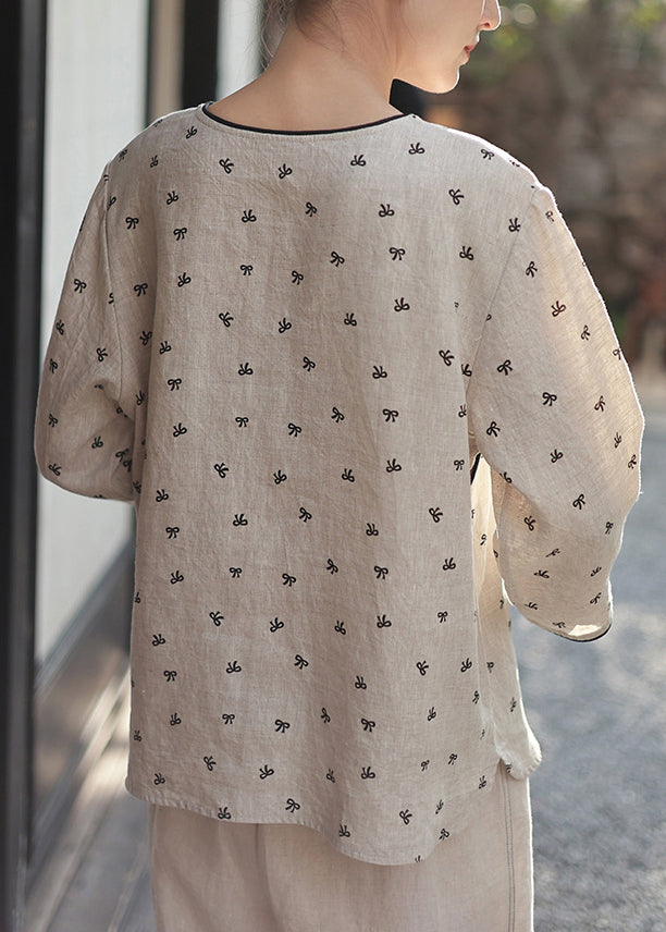 New O Neck Print Chinese Button Linen Blouses Spring