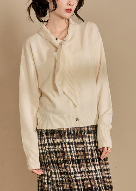 Beige Bow Button Knit Sweaters Winter