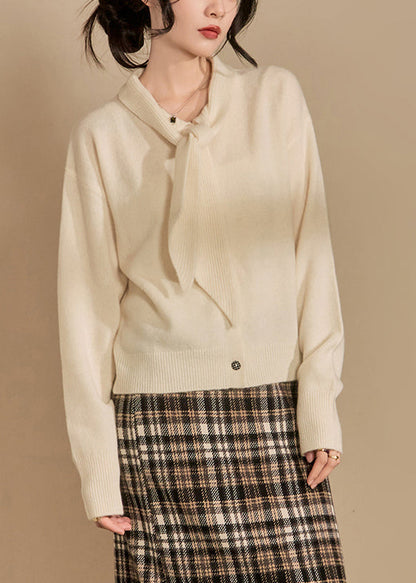 Beige Bow Button Knit Sweaters Winter