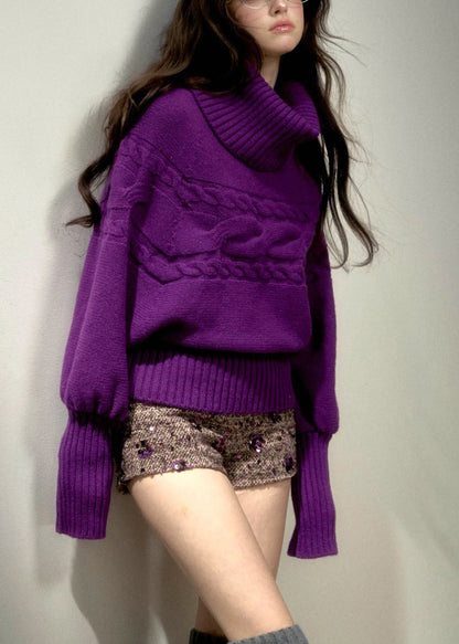 Stylish Purple Turtleneck Thick Cotton Knit Sweater Fall