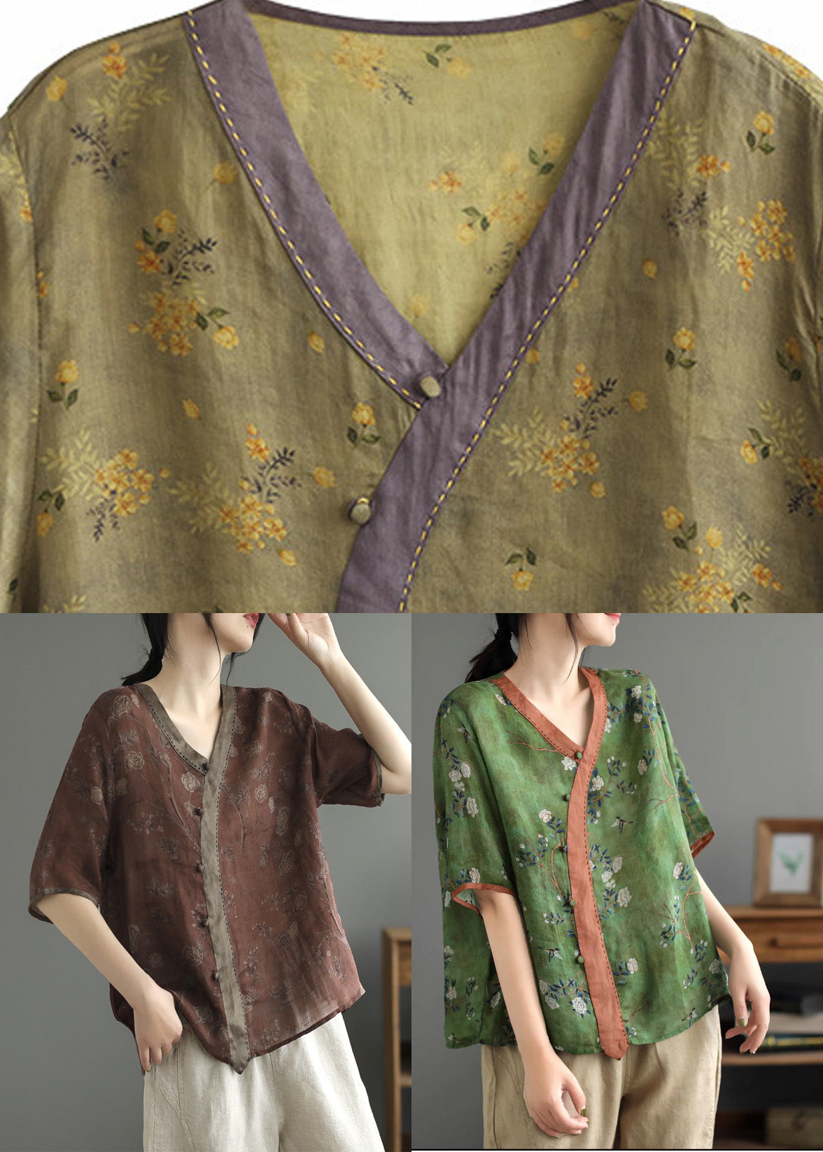 Loose Yellow V Neck Button Ramie Top Summer