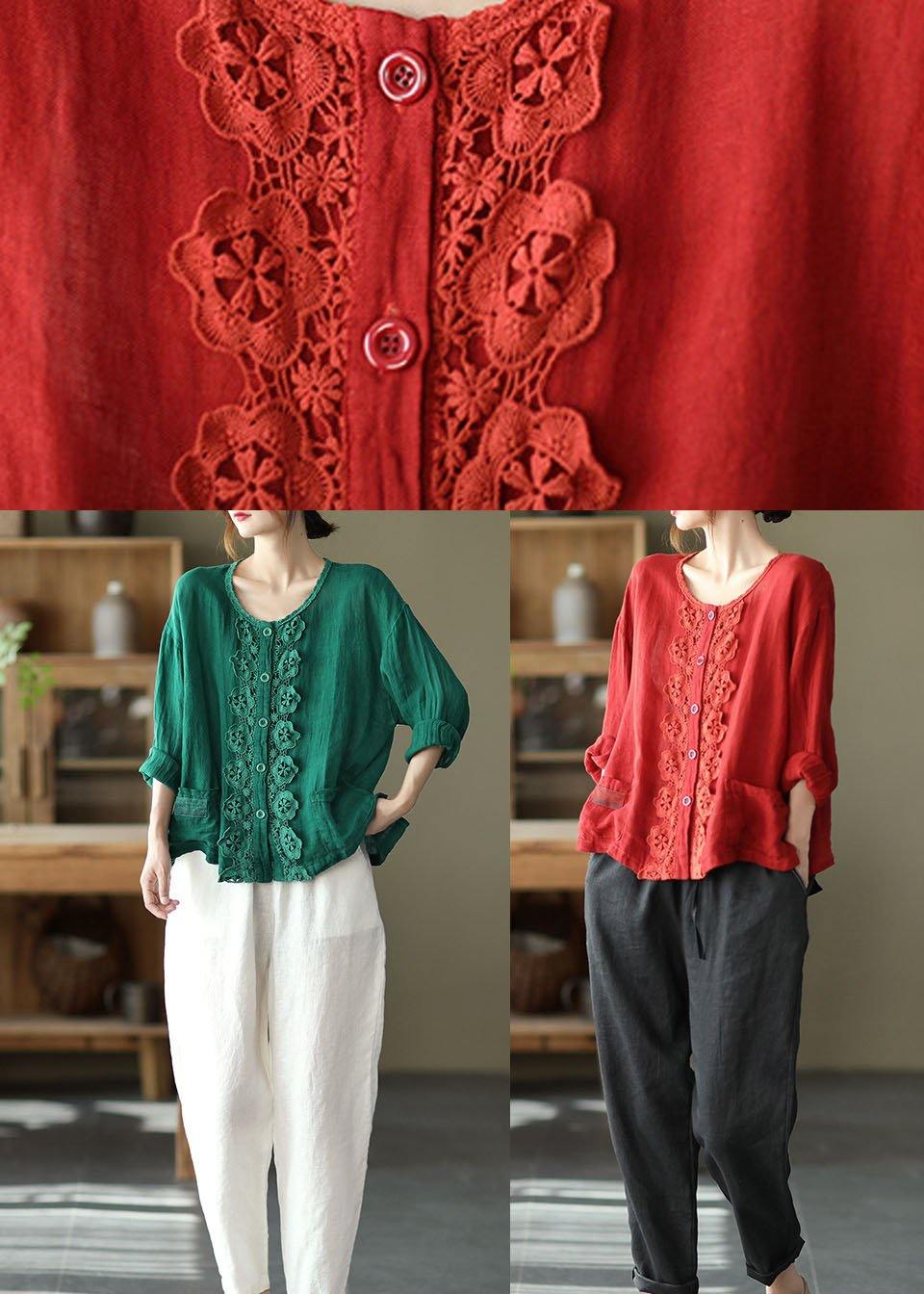 Green Retro O-neck Button Fall Shirt Tops Long Sleeve