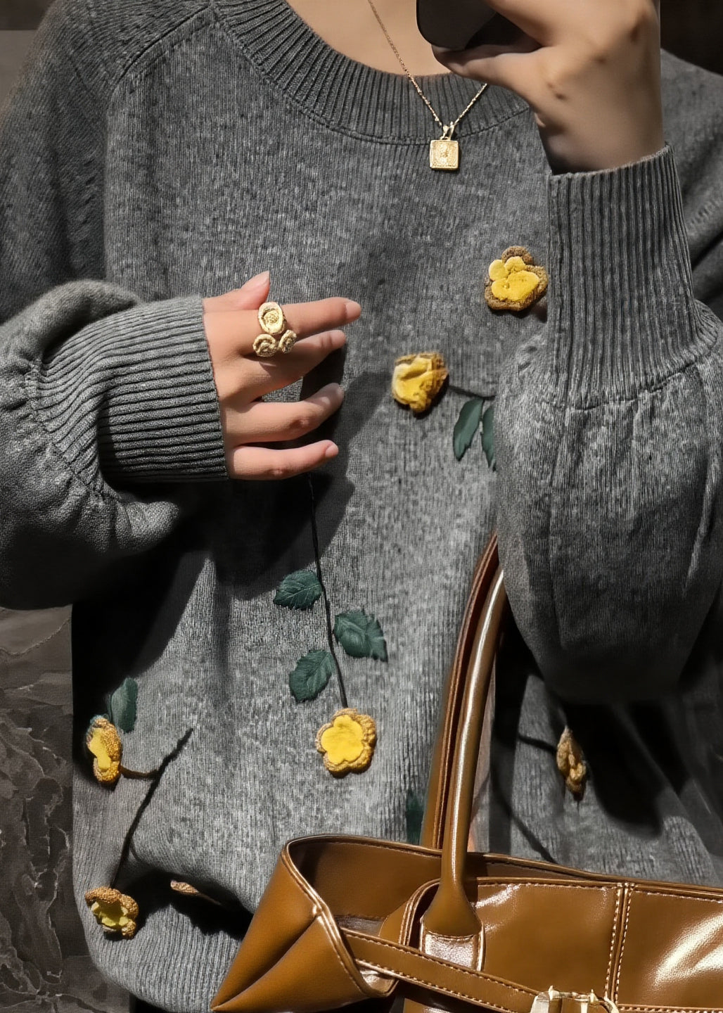 Novelty Grey O-neck Floralcozy Cotton Knit Sweaters Fall
