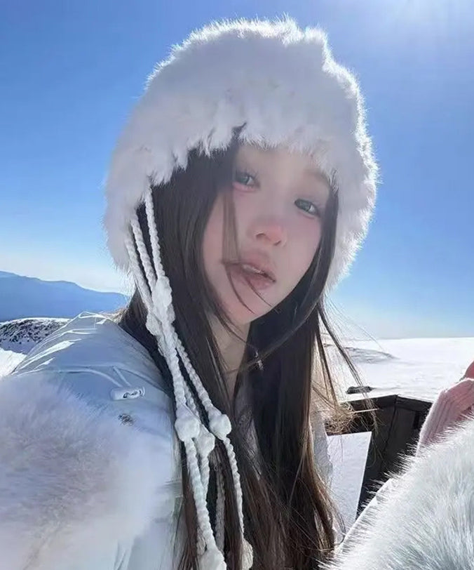 White Tassel Rabbit Wool Knit Bonnie Hat