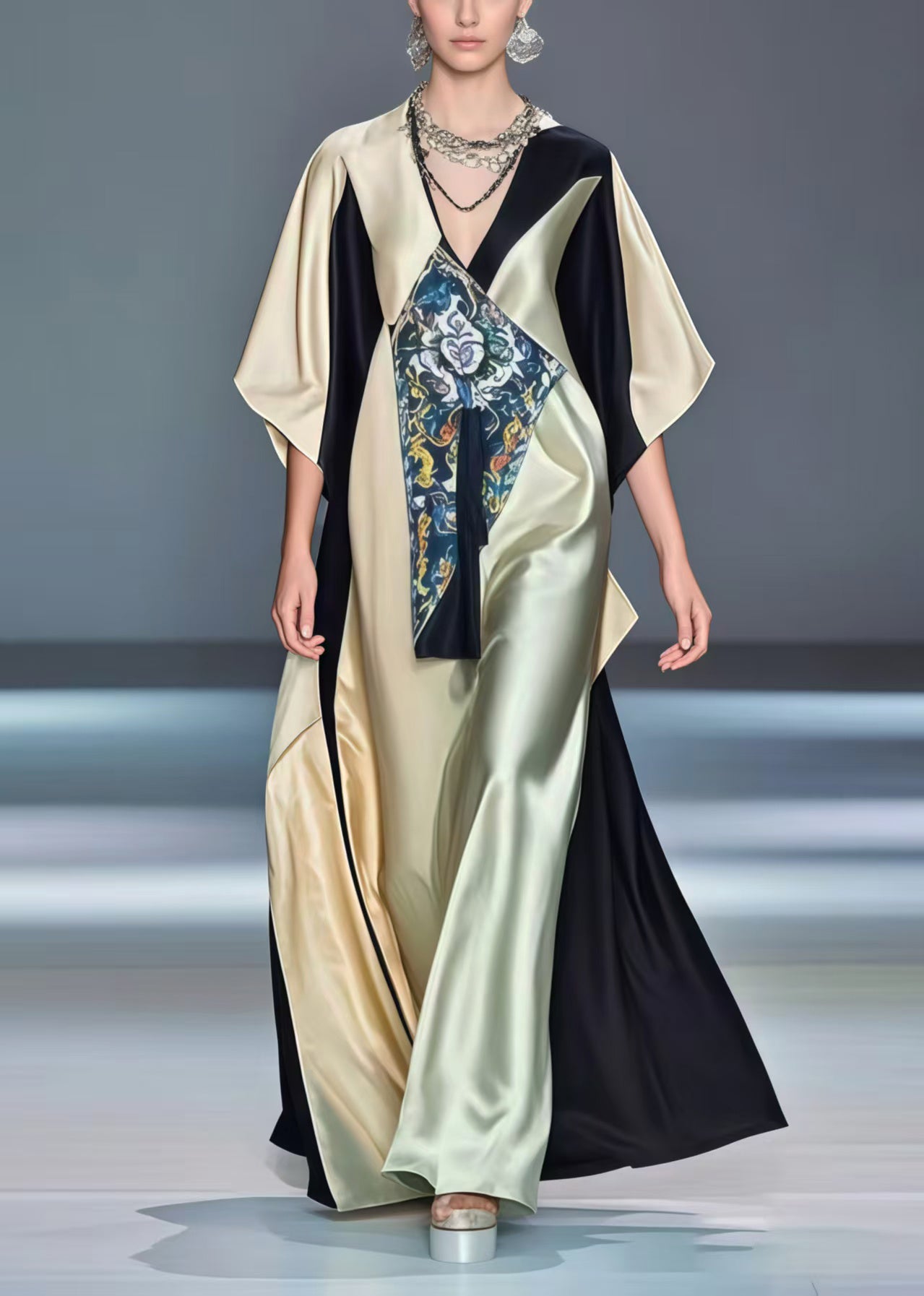 Colorblock Asymmetrical Design Oversized Silk Robe Dresses Summer