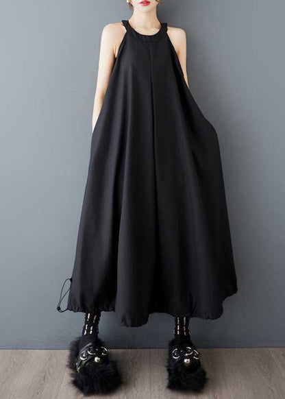 Black O Neck Wrinkled Drawstring Cotton Dress Sleeveless