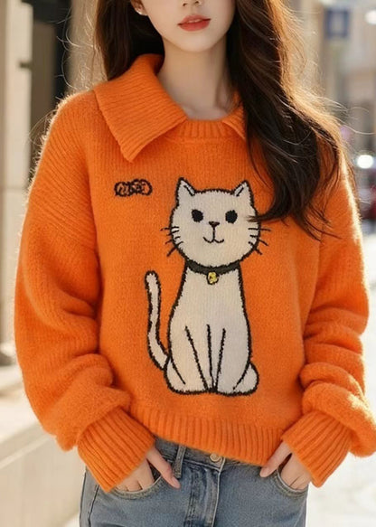 Orange Peter Pan Collar Cats Knitted Sweater Tops Fall