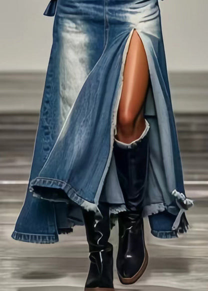 Blue Pockets Side Open a Line Skirts Summer
