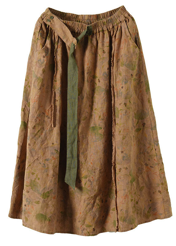 Khaki Patchwork Sashes Linen Skirt Summer