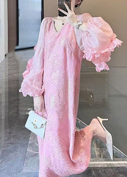 Pink Patchwork Long Dress V Neck Spring