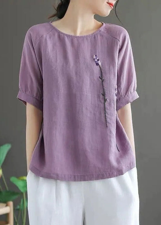 Purple Embroidered Linen Tops O-neck Short Sleeve