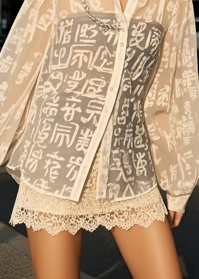 French White Print Chiffon Upf 50+ Blouses Spring