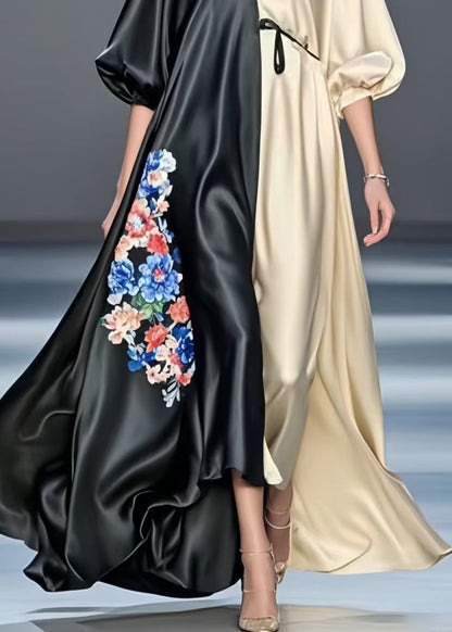 Colorblock Patchwork Silk Maxi Dresses Oversized Print Spring
