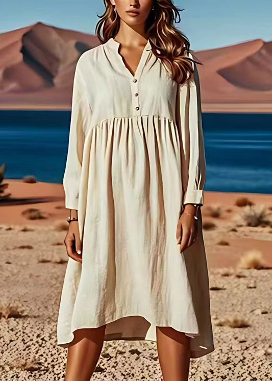 Beige V Neck Wrinkled Patchwork Linen Dresses Long Sleeve