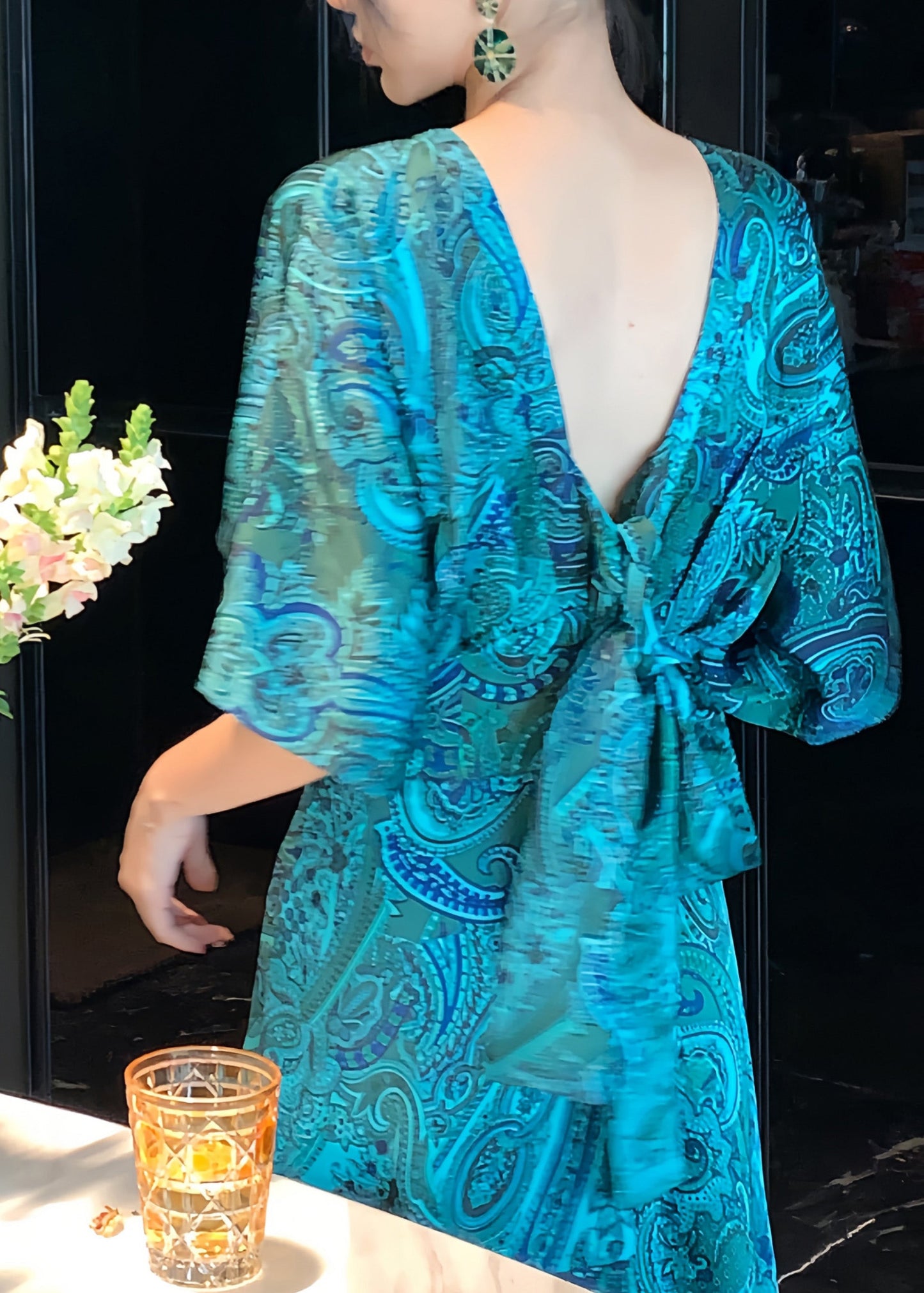 Green V Neck Print Backless Silk Maxi Dresses Long Sleeve