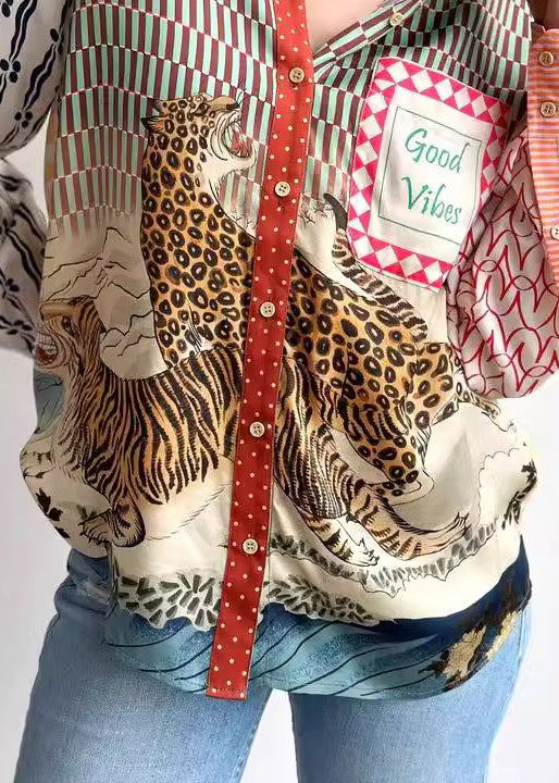 Animal Print Asymmetrical Button Cotton Shirts Long Sleeve