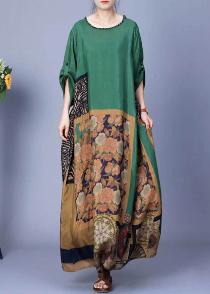 Green Print Pockets Silk Maxi Dresses Spring