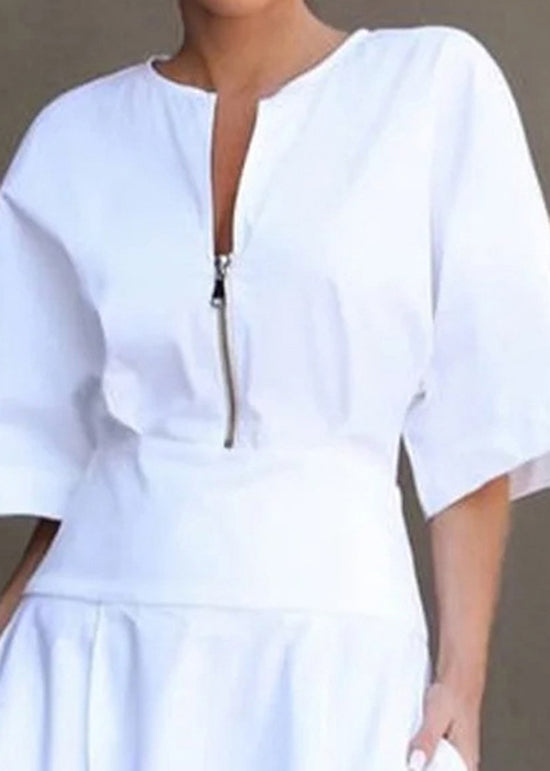 Boutique White Zip Up Pockets Patchwork Cotton Dresses Summer