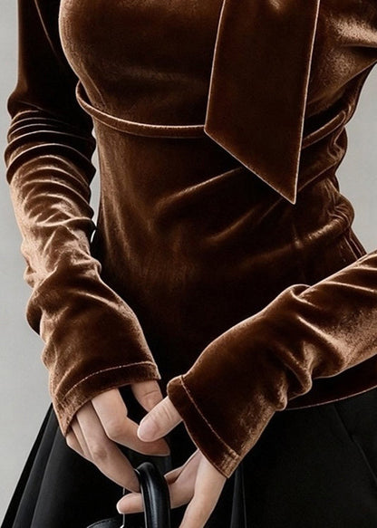 Fine Coffee Bow Silk Velour T Shirt Tops Winter