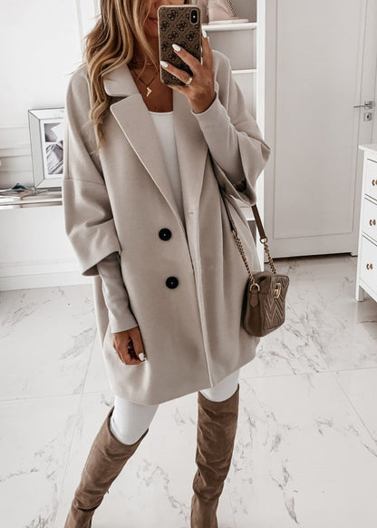 New White Peter Pan Collar Pockets Woolen Coat Fall