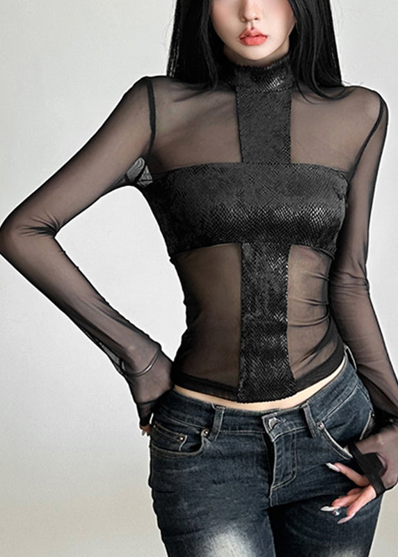 Black Turtleneck Sheer Tulle Top Spring