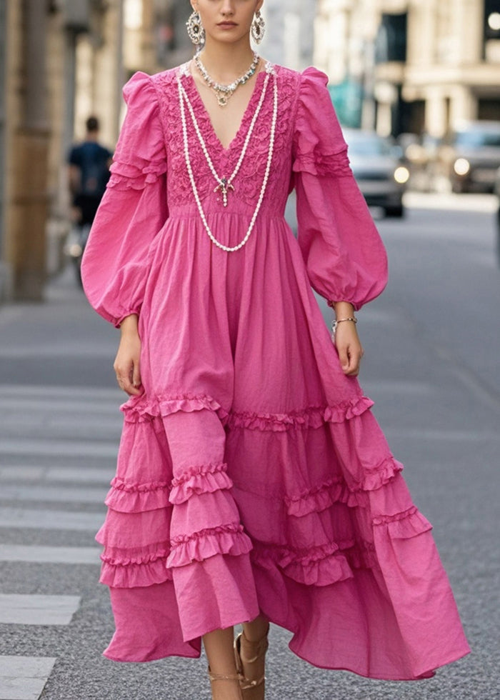 Rose Ruffled Exra Large Hem Cotton Vacation Dresses Fall