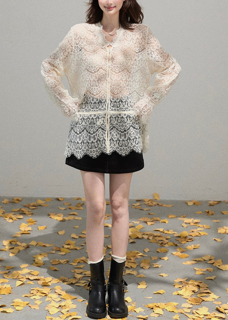 Beige Embroidered Hollow Out Lace Shirt Top Summer