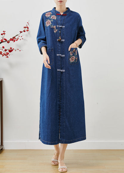 Art Blue Embroidered Chinese Button Denim Trench Fall