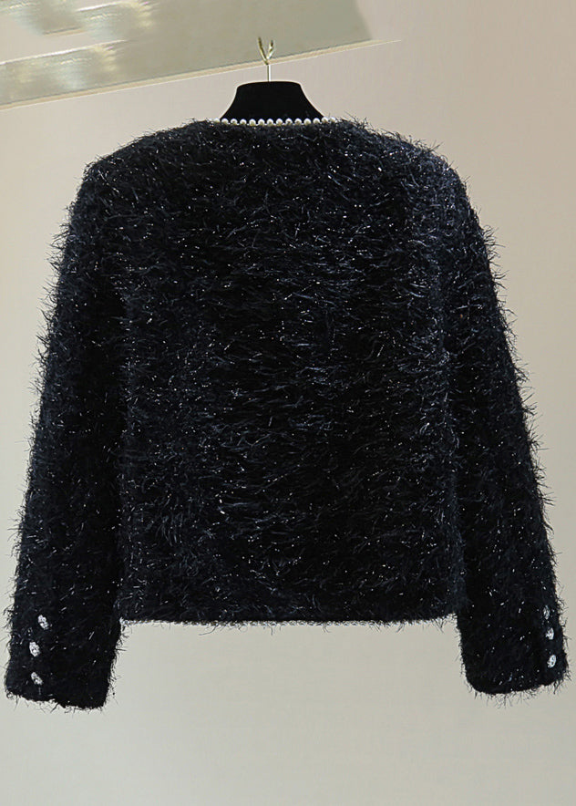 Classy Black O-neck Pockets Patchwork Nail Bead Coats Winter