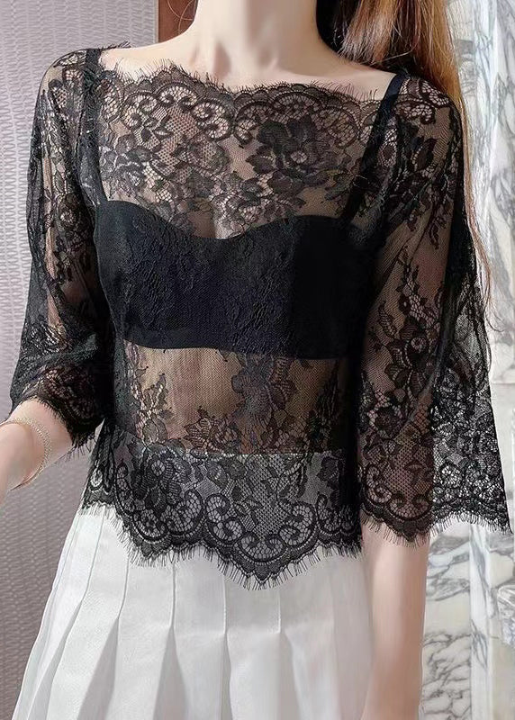 Style Black Slash Neck Hollow Out Lace Top Summer
