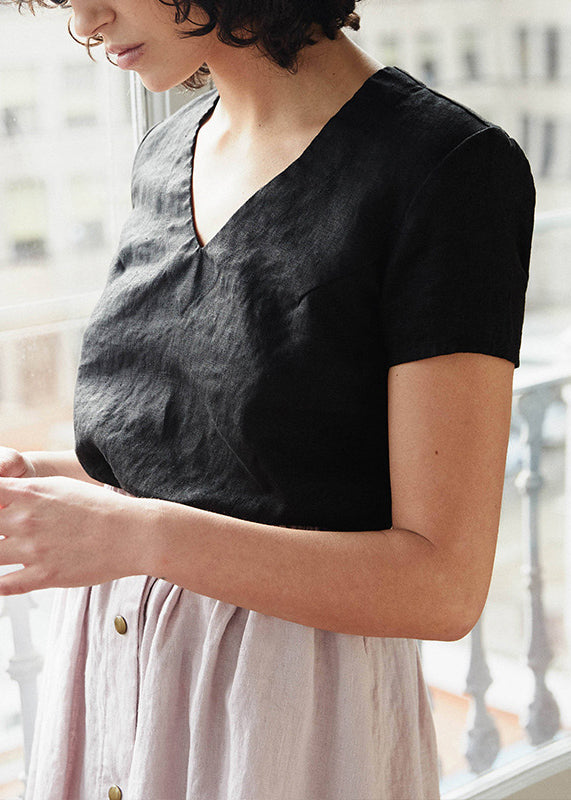 Boutique Green V Neck Simple Linen T Shirts Summer