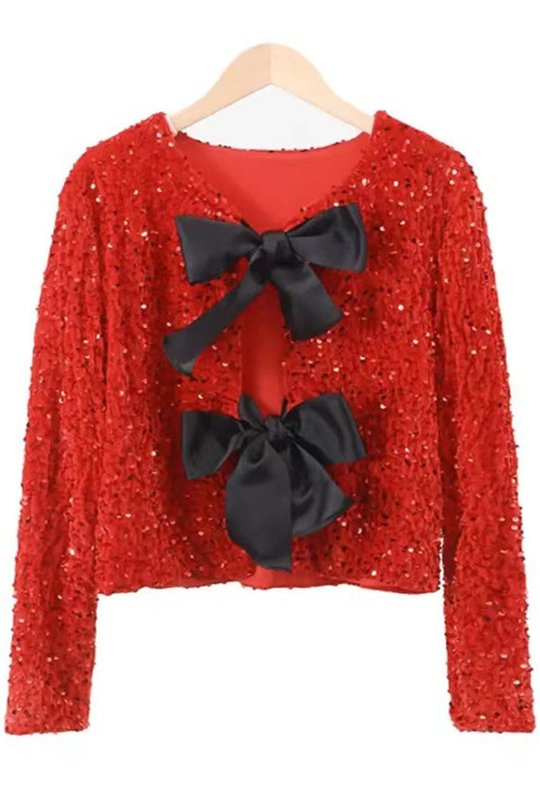 Two Ways to Celebrate Tie-front Bow Sequined Jacket