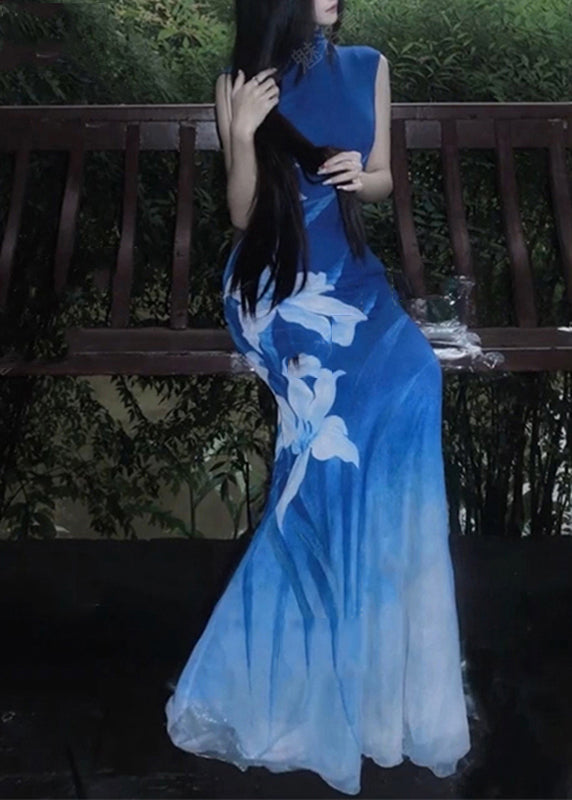 Blue O-neck Print Tulle Maxi Dresses Sleeveless