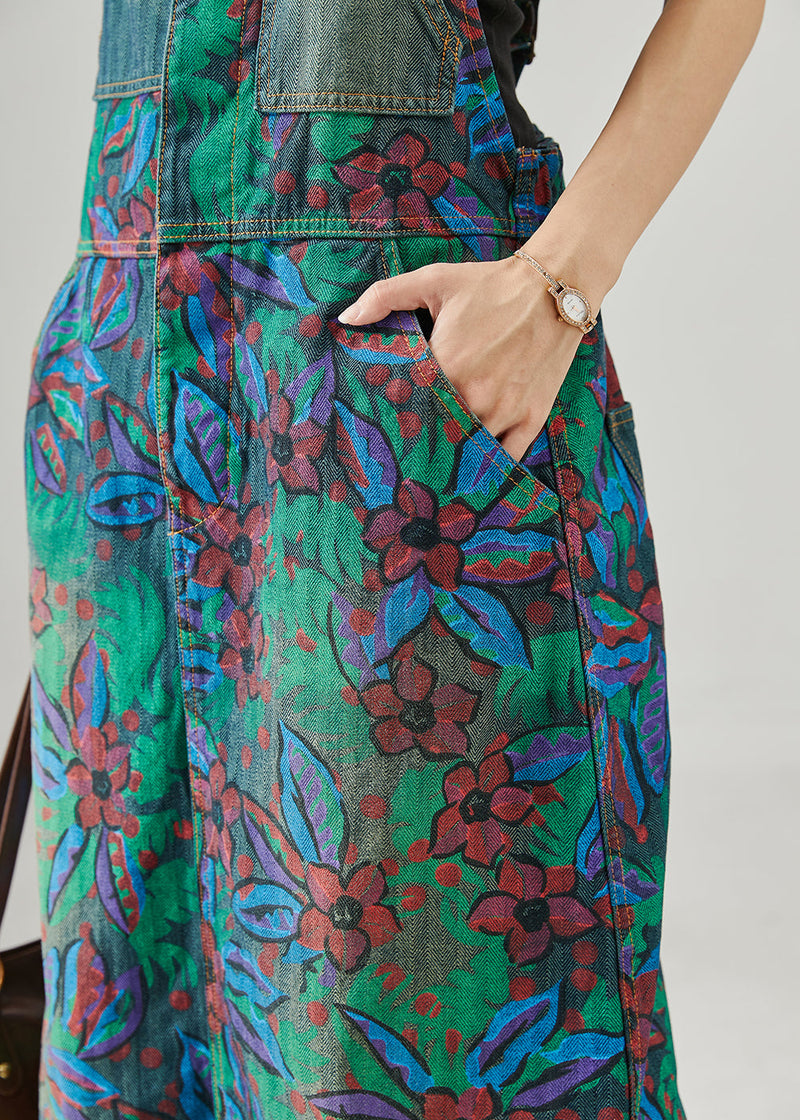Navy Print Denim Overalls Dress Fall