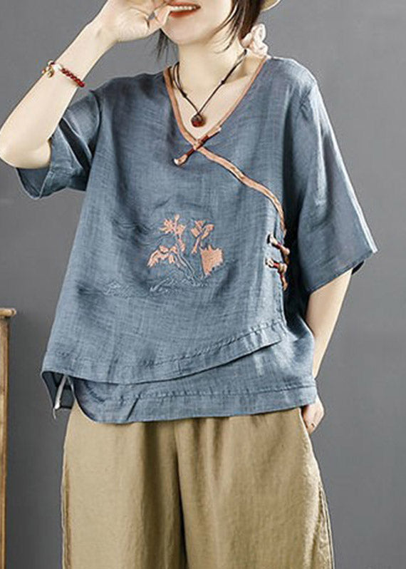 Navy Embroidered Patchwork Linen Top Half Sleeve