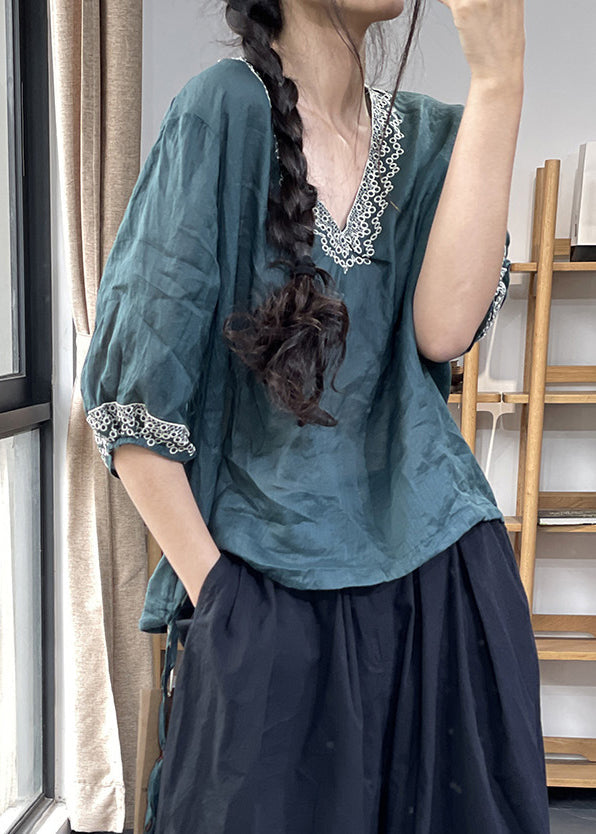 New Blue Embroidered Linen Blouses Summer