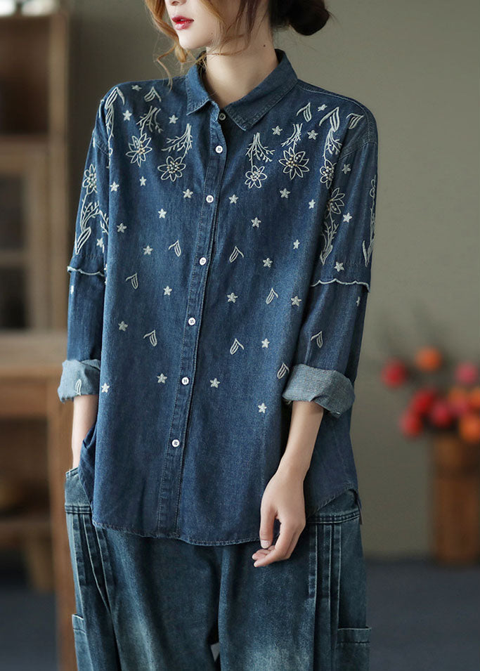 Fine Blue Embroidered Patchwork Cotton Denim Shirt Spring