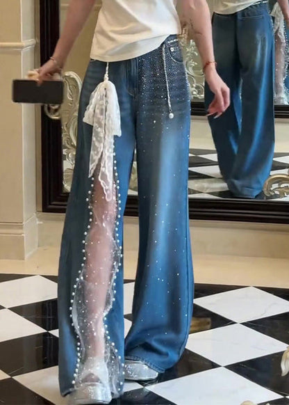Blue Pockets Zircon Lace Patchwork Denim Pants Fall