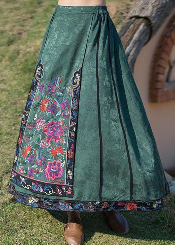 Fine Green Wrinkled Embroidered Pockets Patchwork Silk Skirt Summer