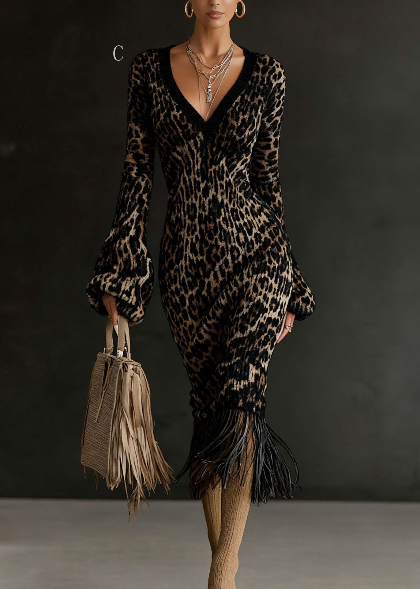 V Neck Tassel Patchwork Knitted Sweaters Dress Winter