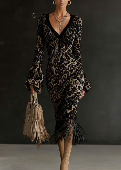 V Neck Tassel Patchwork Knitted Sweaters Dress Winter
