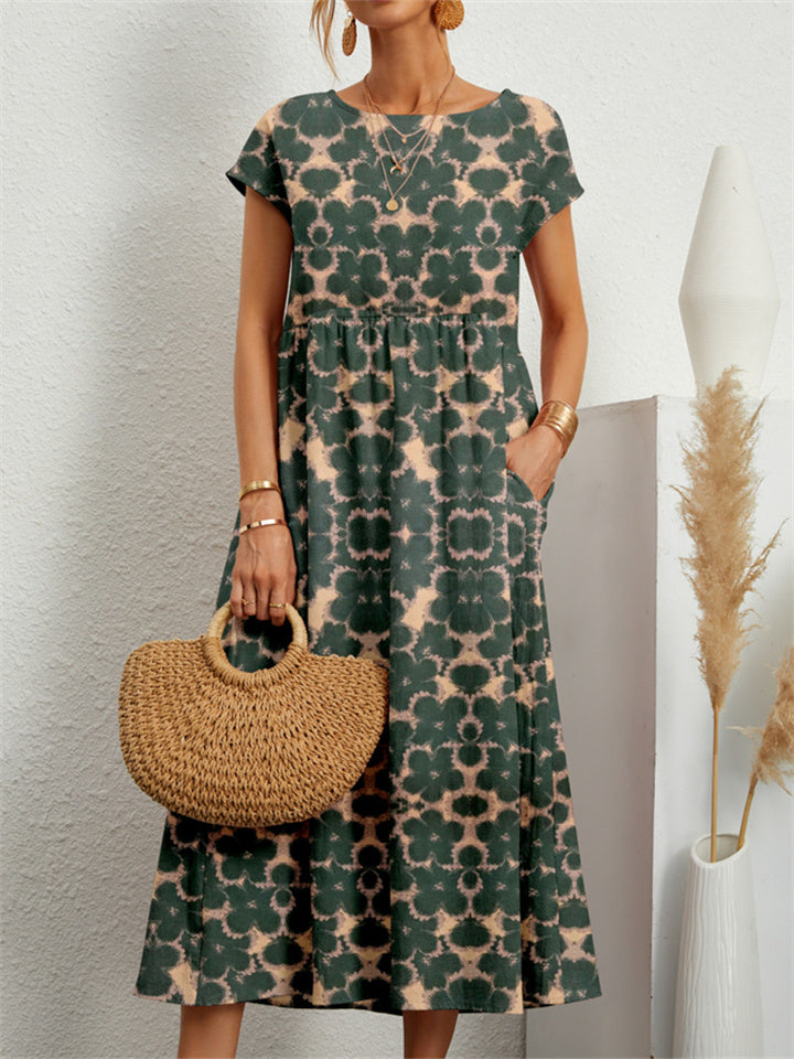 Round Neck Loose Cotton Linen Sleeveless Round Neck Print Dress