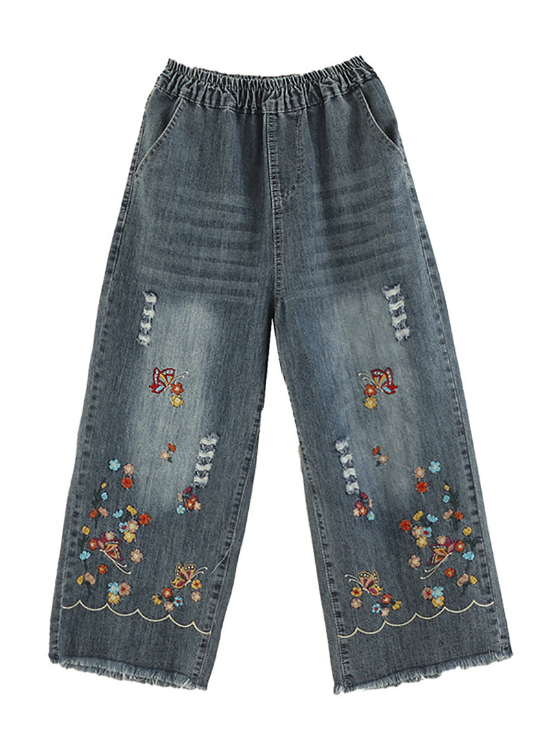 Summer Retro Embroidery Frayed Straight Denim Pants