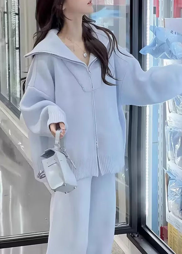 Purple Zip Up Sweaters and Pants Knit Two Pieces Set Winter
