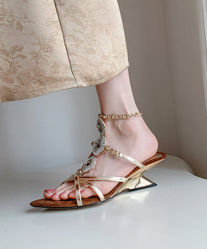 Gold Pointed Toe Wedge Sandals Zircon Peep Toe