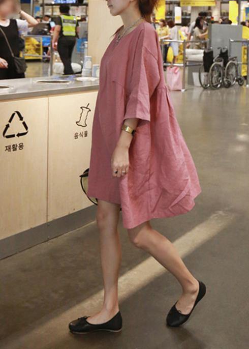 Style Pink Cotton Linen Outfit O Neck Cinched a Line Summer Dresses