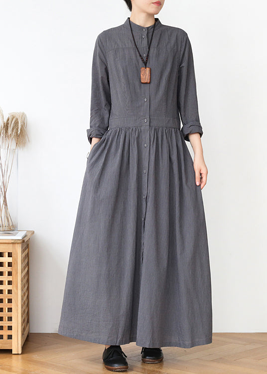 Grey Stand Collar Striped Cotton Shirts Dress Fall