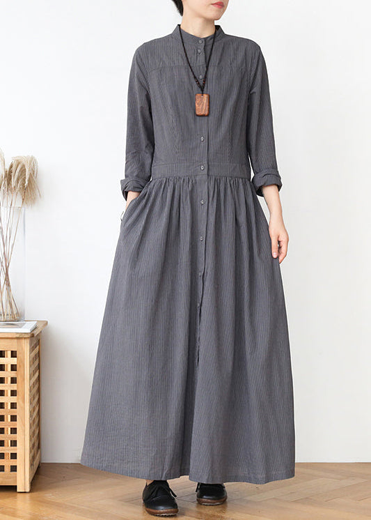 Grey Stand Collar Striped Cotton Shirts Dress Fall