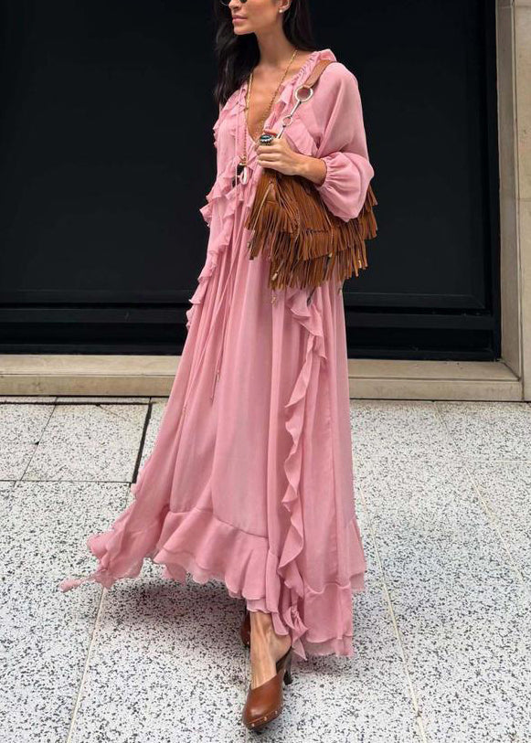 Pink V Neck Ruffled Chiffon Long Dress Fall